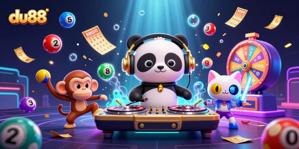 Spin to win with du88 in a vibrant casino scene featuring a DJ panda, dancing monkey, and rave kitten.