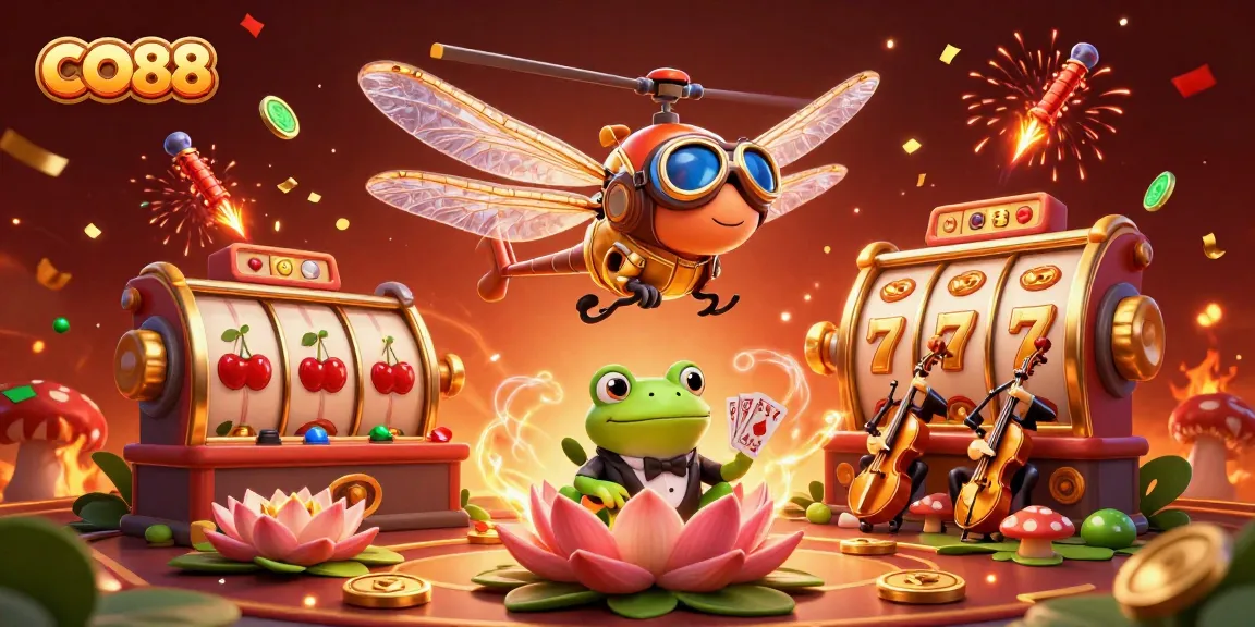 Join the excitement at CO88 with a lively casino scene featuring vibrant 3D characters and rich gambling elements.