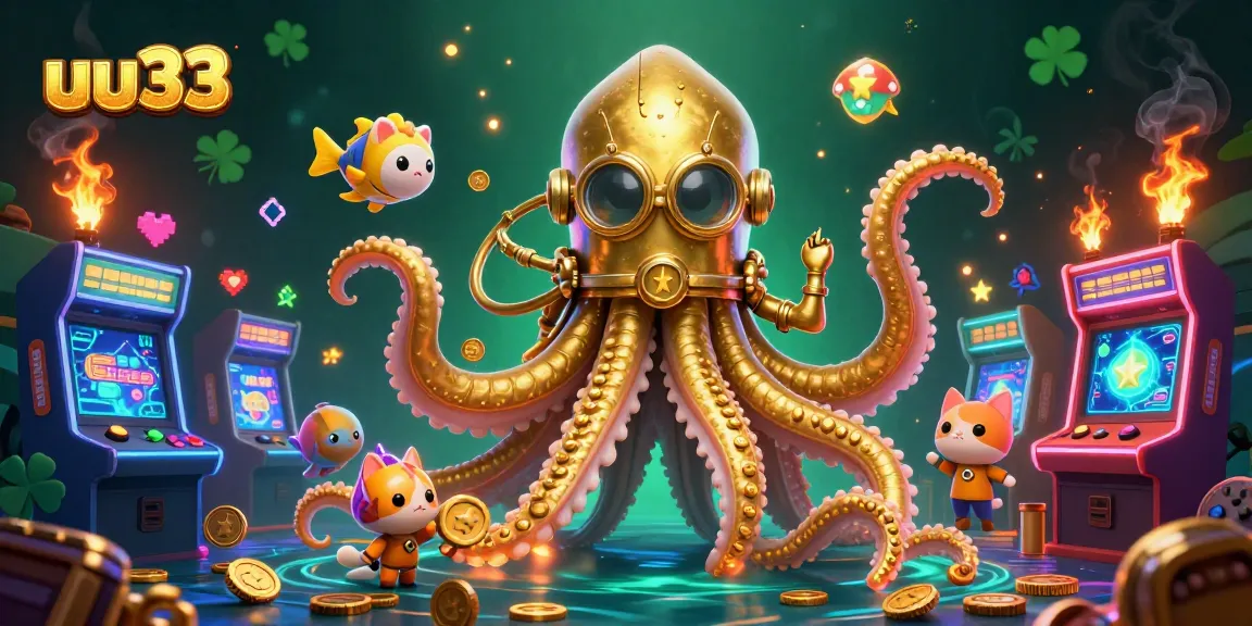 Engage with uu33: explore a vibrant, 3D gaming adventure featuring a kraken and retro arcade machines.