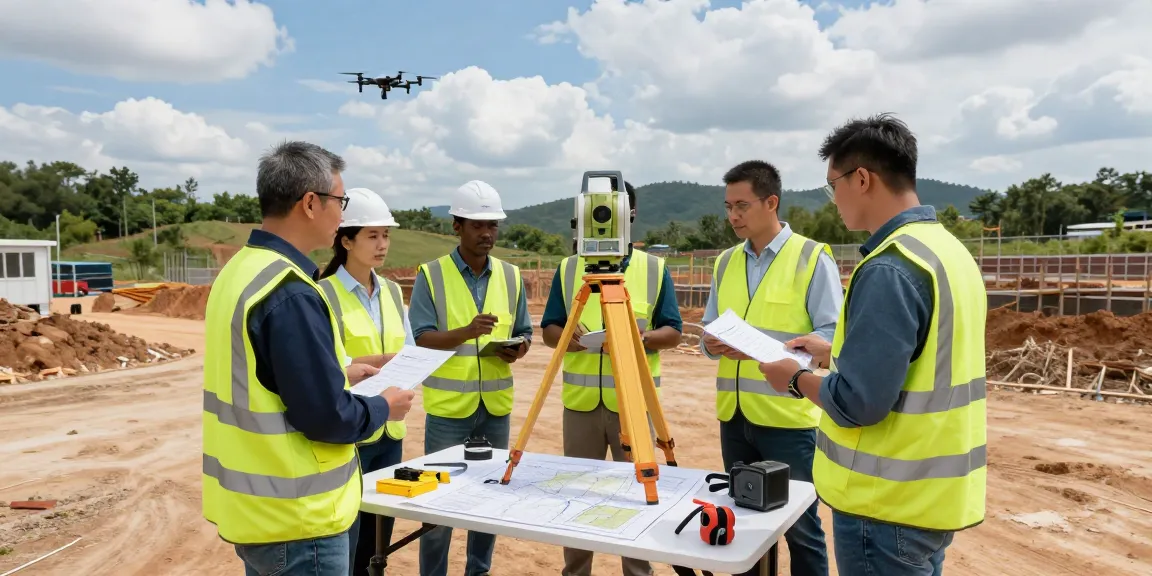 Land surveyors performing a topographical survey with advanced equipment on a construction site, ensuring precision and accuracy.