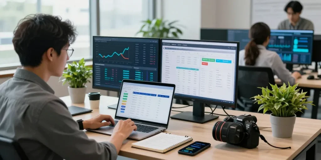 Business professional analyzing online payment gateway data in a modern office environment, showcasing digital finance.