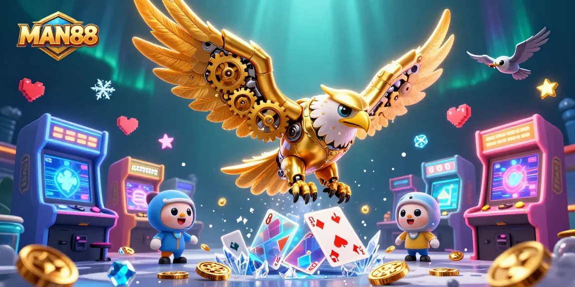 Experience the thrill of MAN88 casino with vibrant holographic gaming elements and dynamic characters.