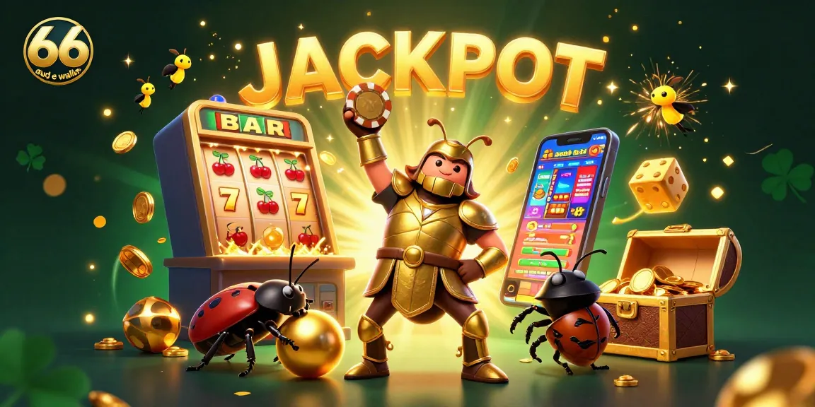 Spin to win with 66 aud e wallet as the hercules beetle celebrates a poker chip jackpot in a colorful casino backdrop.
