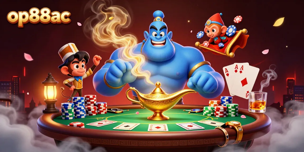 Spin jackpots at op88ac with a flashy genie, poker chips, and colorful game elements.