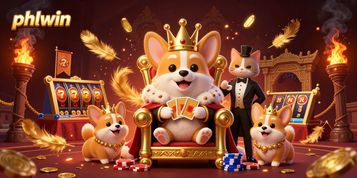 Experience thrilling gameplay at phlwin with royal corgi on a poker chip throne, surrounded by excitement.