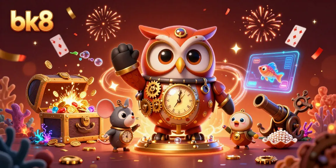Experience the thrill of bk8 with a dynamic casino adventure featuring a time-traveler owl and mouse in a vibrant, magical setting.