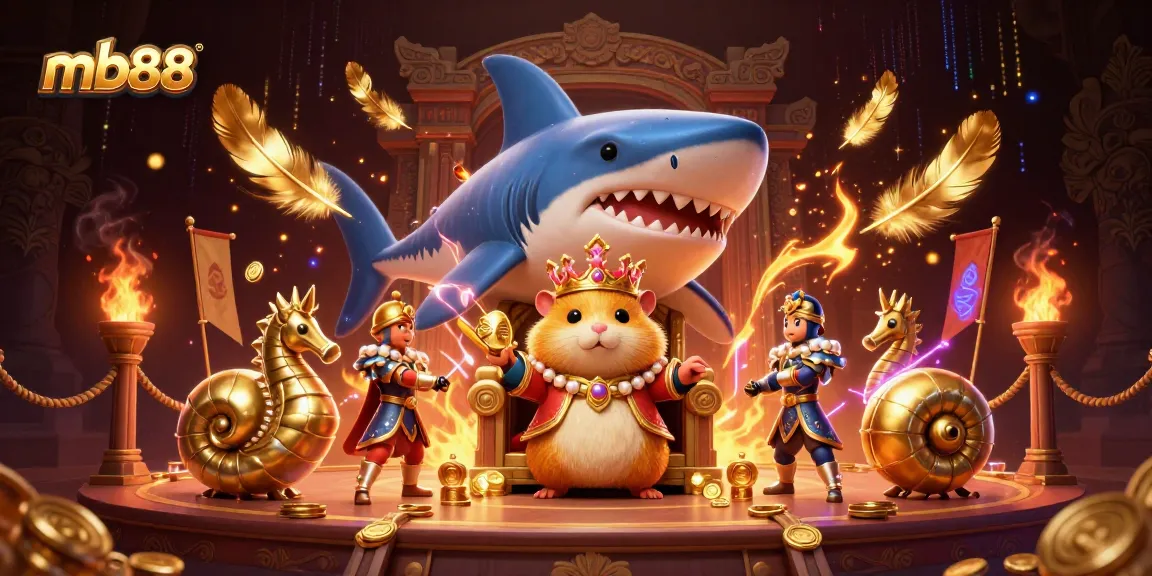 Experience luxuries of mb88 with a fierce golden hamster king presiding over a vibrant gambling scene.
