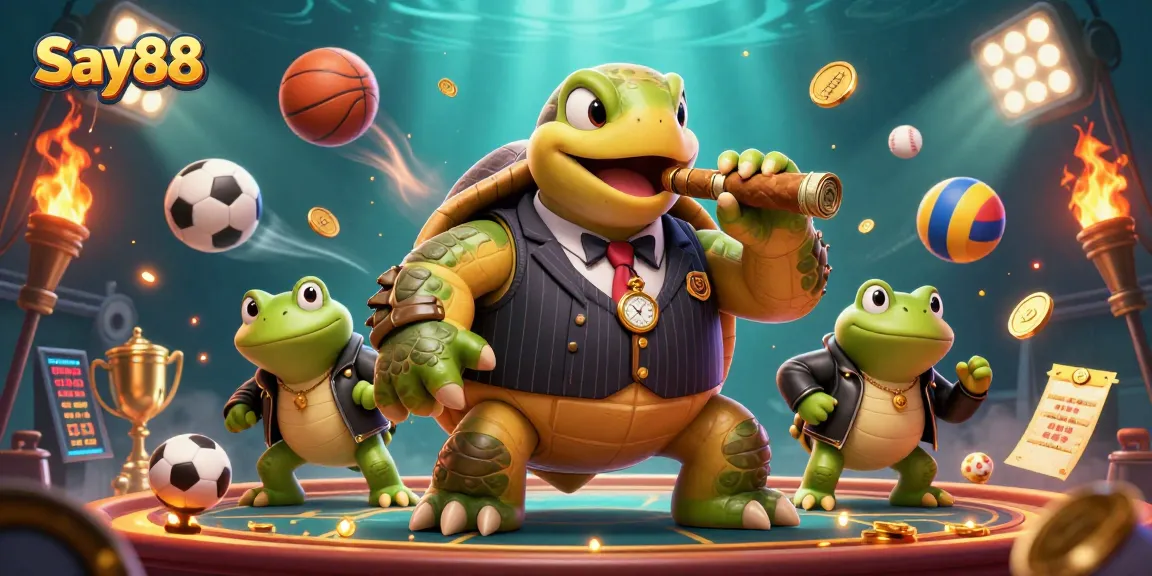 Experience Say88's vibrant casino atmosphere featuring a cartoon turtle in a mobster suit among dynamic sports elements.