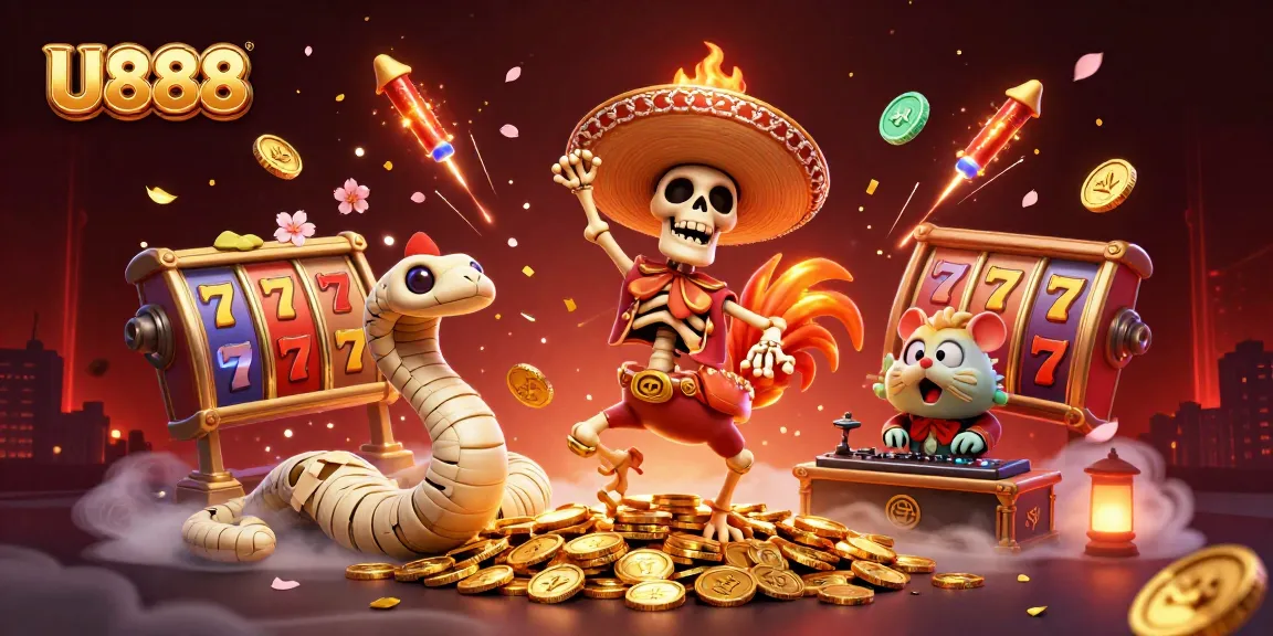 Experience the thrill of U888 with vibrant characters dancing amid slot machines and fireworks.