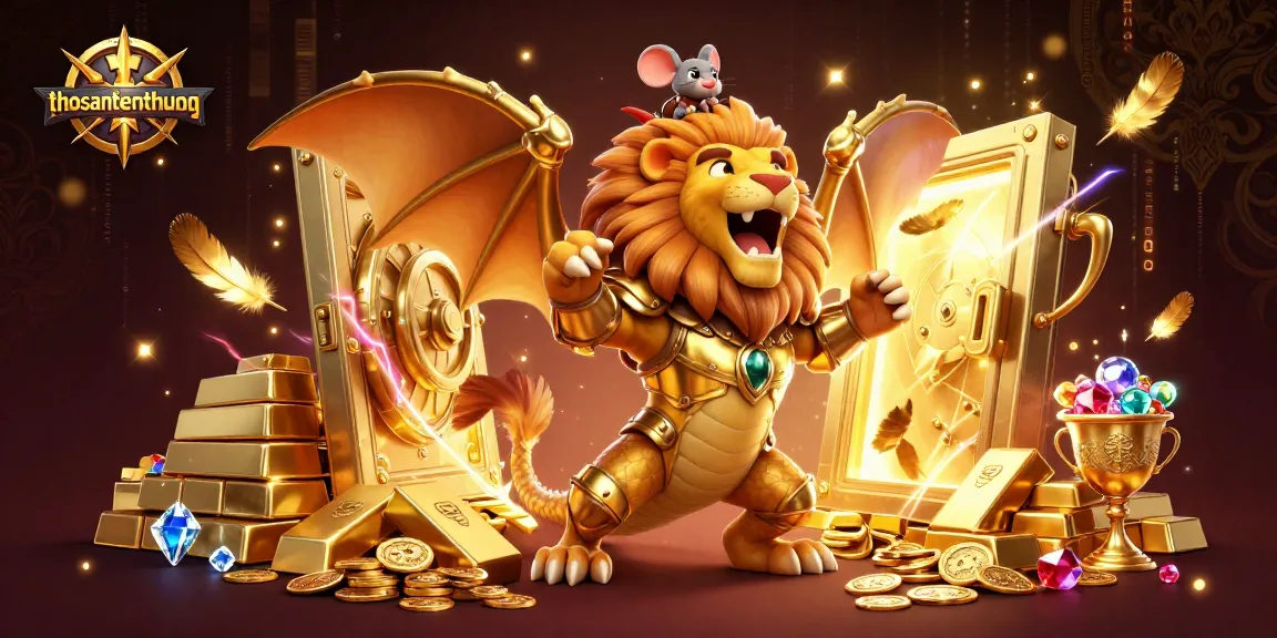 Experience the thrilling adventure of thosantienthuong with a chimera creature in a vibrant casino scene.
