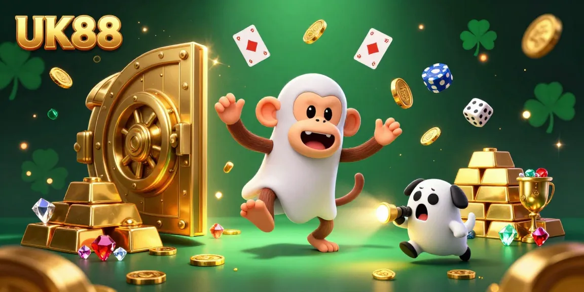 Experience the excitement at UK88 as a playful poltergeist monkey juggles golden treasures in a lively casino environment.