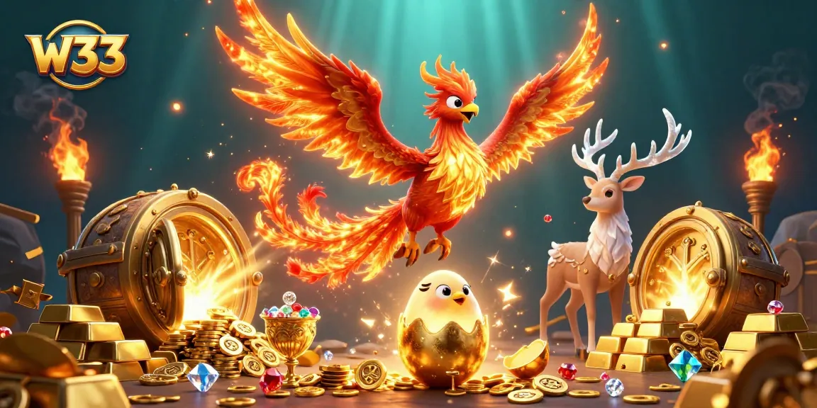 Play and win at w33 with a vibrant casino scene featuring phoenixes and treasures.