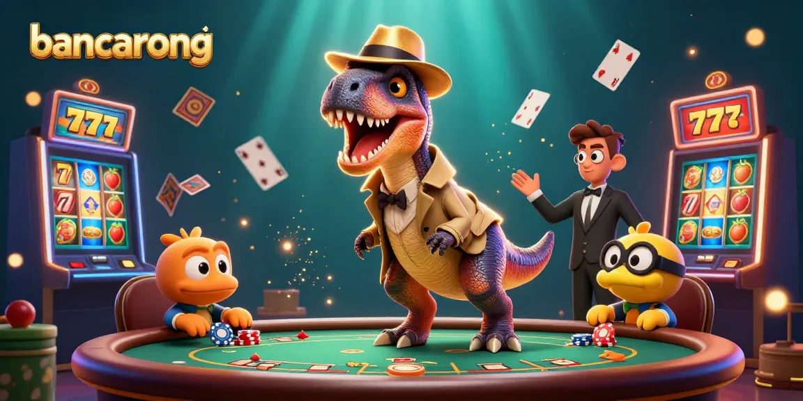 Bancarong showcases a cartoon velociraptor countering cards at blackjack, surrounded by vibrant slot game elements.
