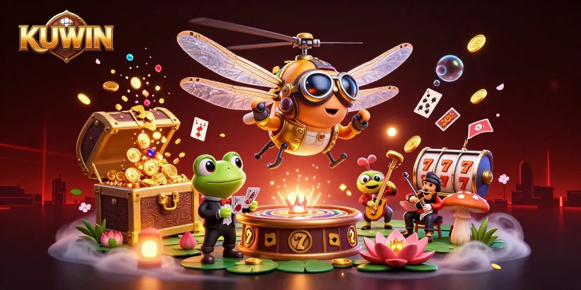 Engage with KUWIN's exciting card games and casino experiences in a whimsical 3D scene.