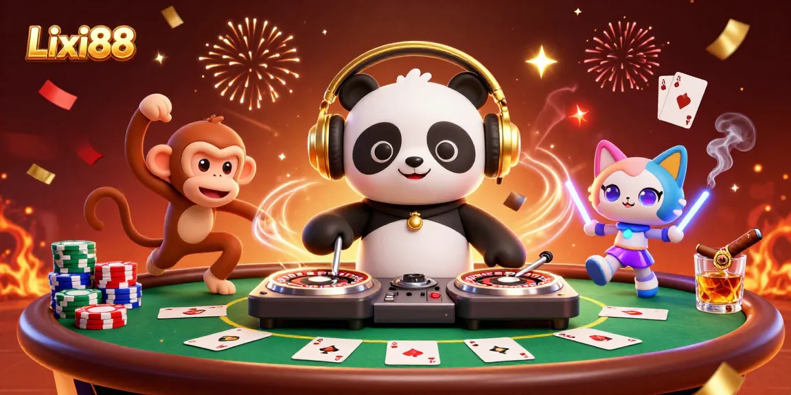 Lixi88 features a lively scene with a DJ panda and a playful monkey, creating an engaging casino atmosphere.