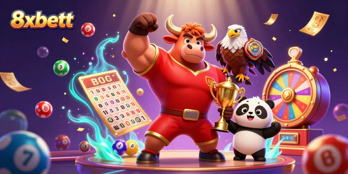8xbett captures the thrill of winning with dynamic lottery balls and cartoon characters celebrating victory.