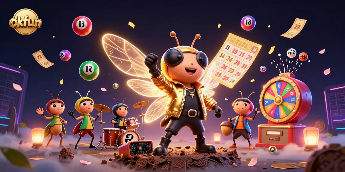 Engage in thrilling fun at okfun with a lively rock star cicada and dynamic gambling elements surrounding them.