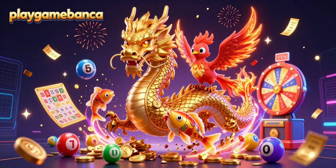 Win exciting prizes at playgamebanca with a vibrant casino-themed illustration of dragons, phoenixes, and lottery balls.