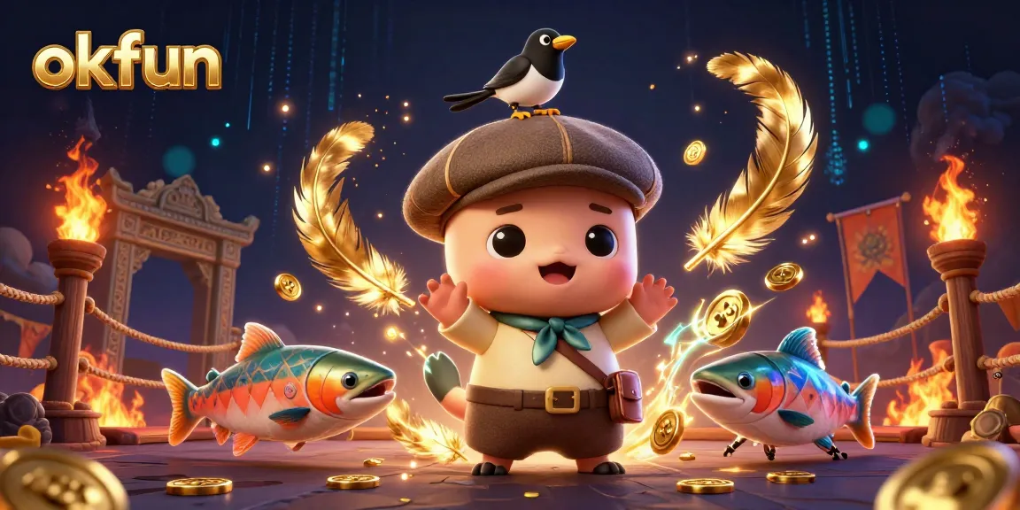 Join the fun at okfun with playful cartoon characters and vibrant casino elements flying around.