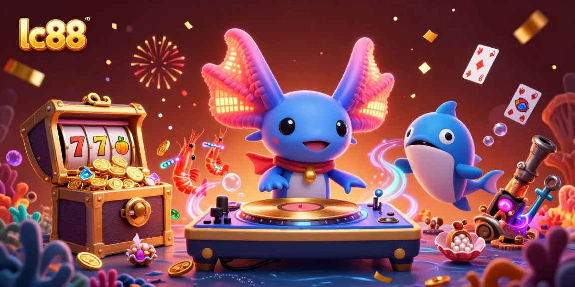 Engage with lc88's vibrant gaming scene featuring a neon axolotl DJ, thrilling casino elements, and dynamic underwater visuals.