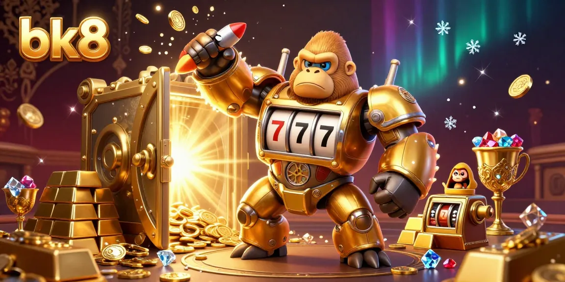 Engage in thrilling jackpots at bk8 with a colossal golden gorilla mech amid a casino extravaganza.