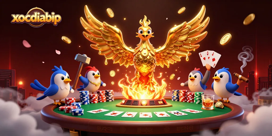 xocdiabip showcases a golden phoenix emerging as coins fly around a bustling poker scene.
