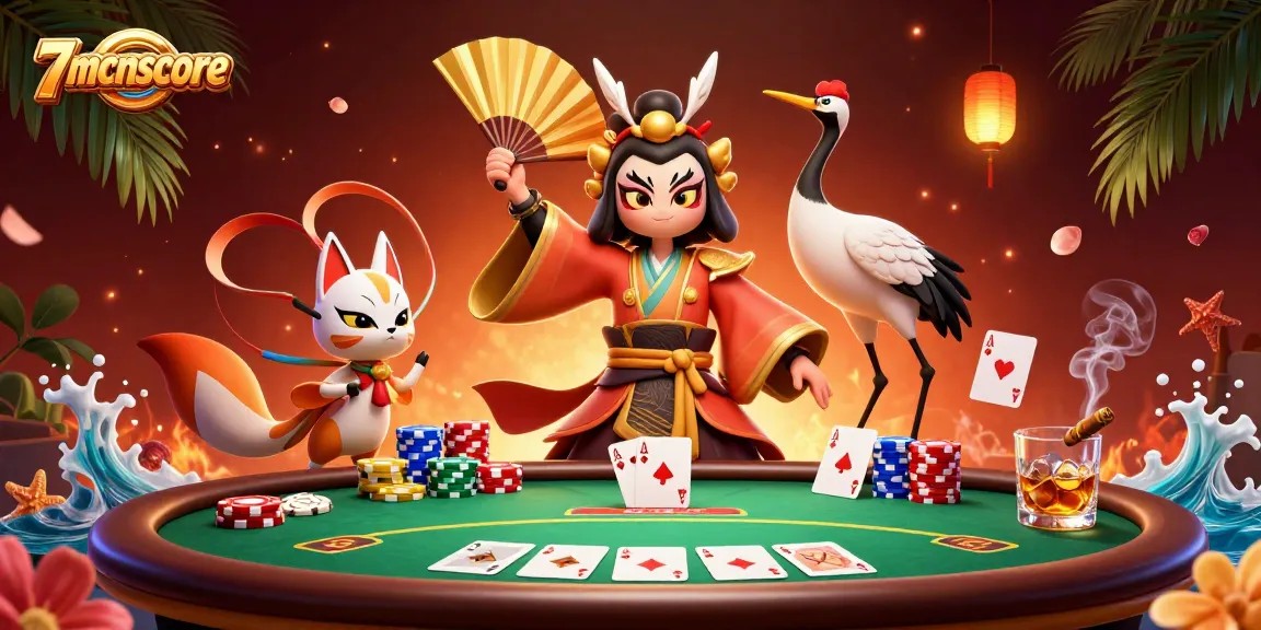 Engage with 7mcnscore at an energetic poker scene featuring vibrant characters and casino elements.