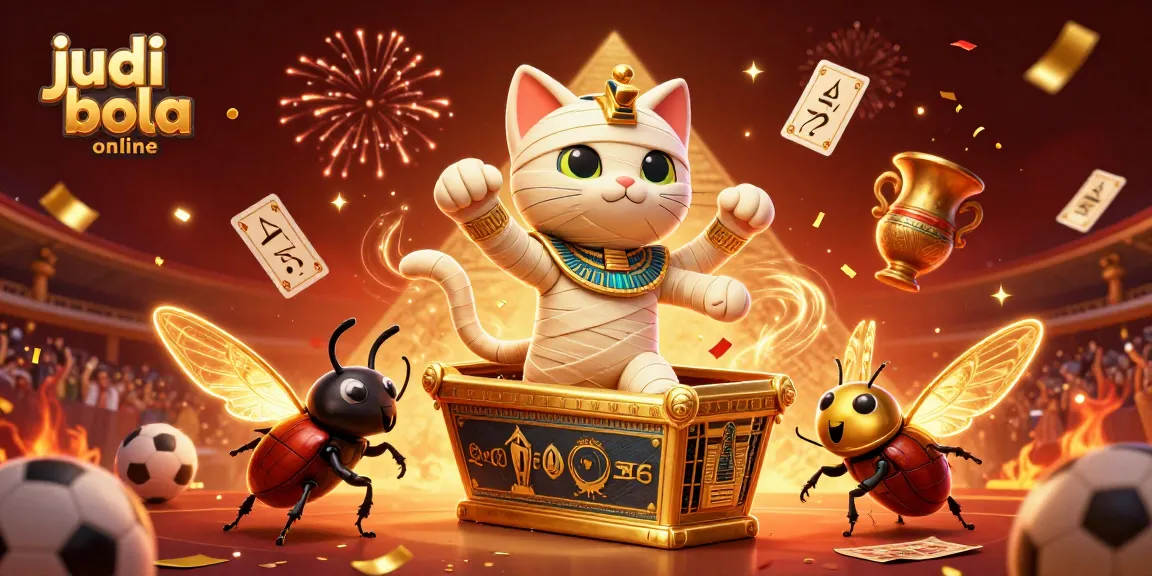 Experience the thrill of judi bola online with a vibrant 3D casino illustration featuring a mummy cat and scarab companion.