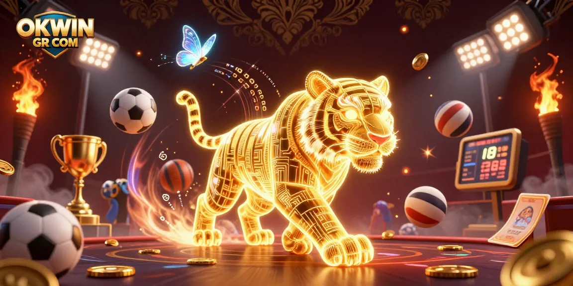 Experience thrilling gameplay at OKWIN GR COM with a golden tiger in a dynamic digital casino.