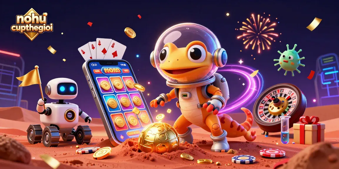 Nohu-cupthegioi casino scene with Martian gecko and robot, showcasing vibrant slot games and golden excitement
