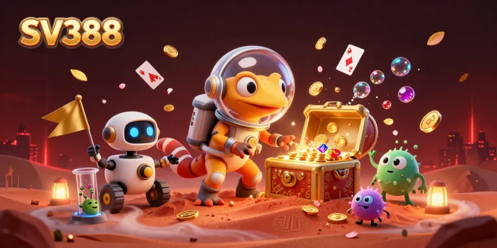 Witness SV388's thrilling Martian gecko uncover a golden casino amidst vibrant celestial elements.