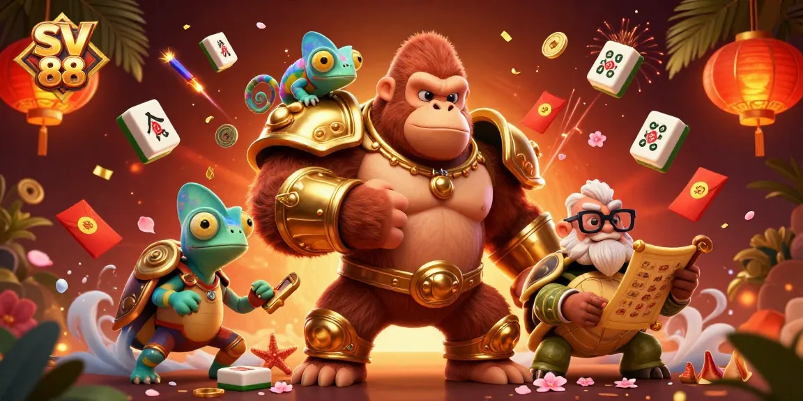 SV 88 gorilla king beats chest alongside chameleon spy in a vibrant casino scene filled with festive elements.