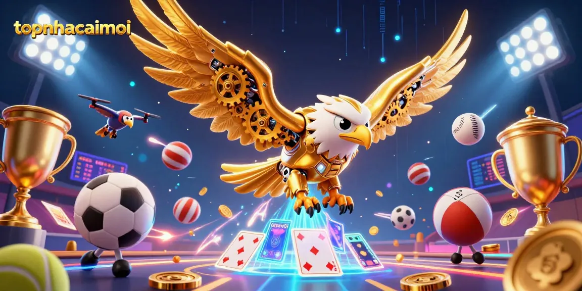 Engage in topnhacaimoi sports betting with cybernetic eagle, flying sports balls, and dynamic game elements.