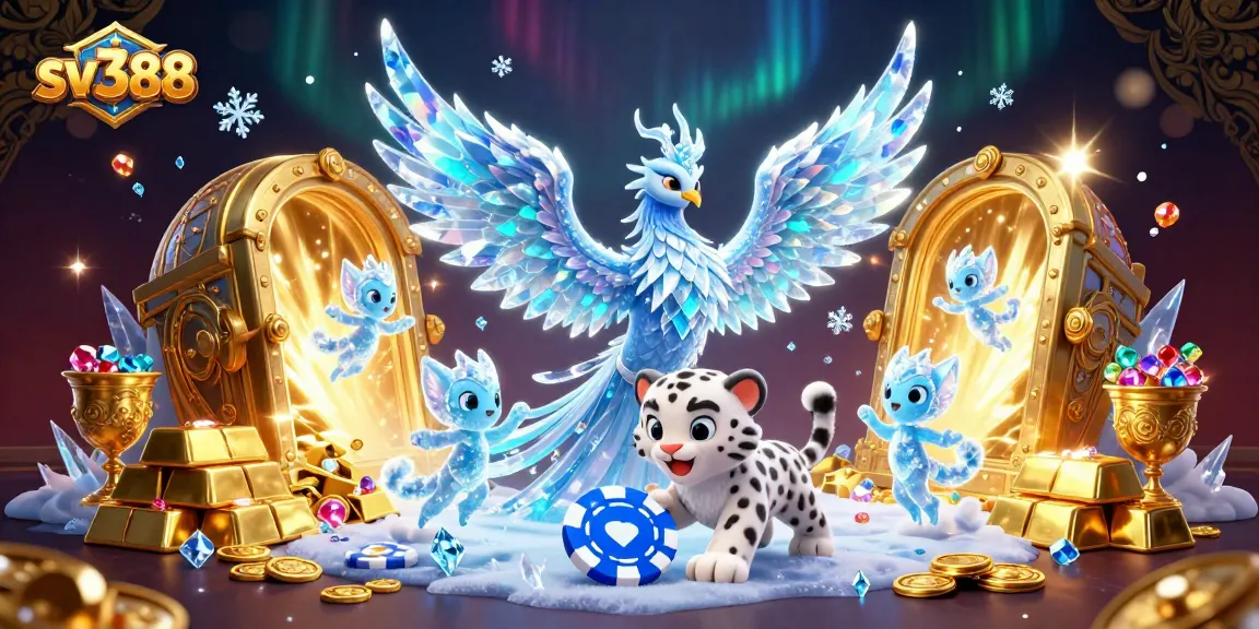 sv388 showcases a vibrant scene with an ice phoenix and poker chip amidst treasures