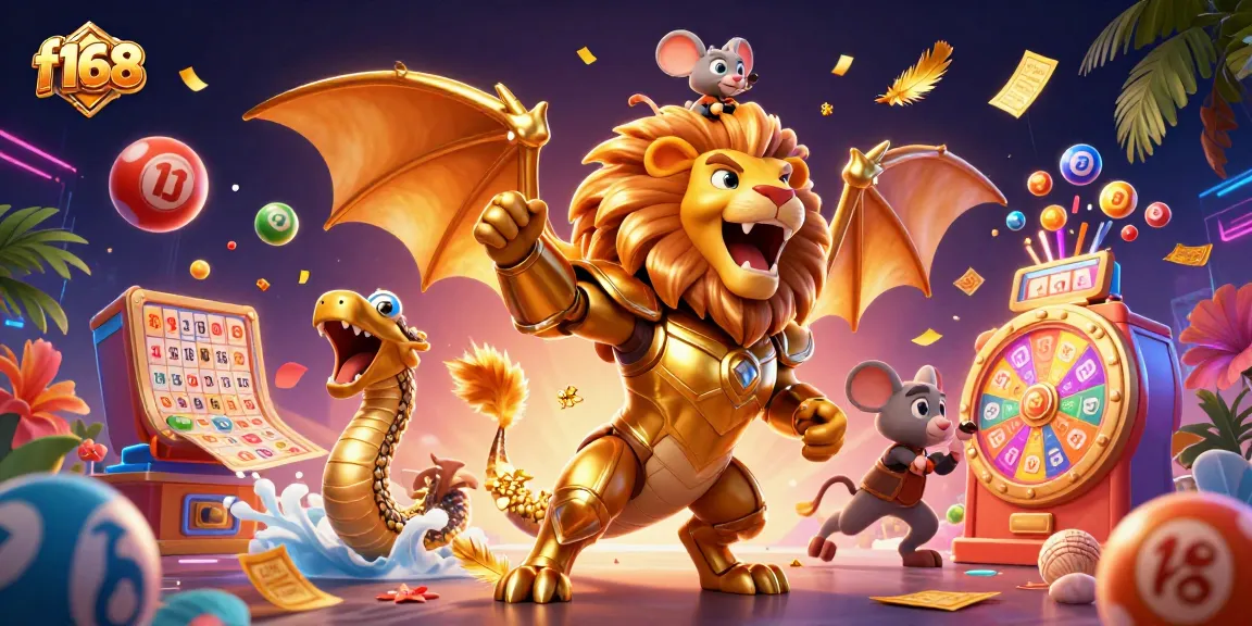 Engage with f168 as a chimera creature and lucky mouse jockey amidst a vibrant lottery scene.