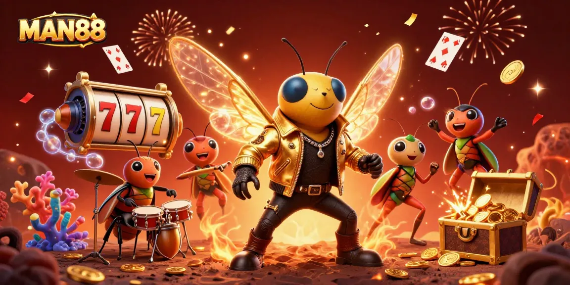 Experience thrilling gaming with MAN88 as a rock star cicada leads in a vibrant casino scene of slot reels and treasures.