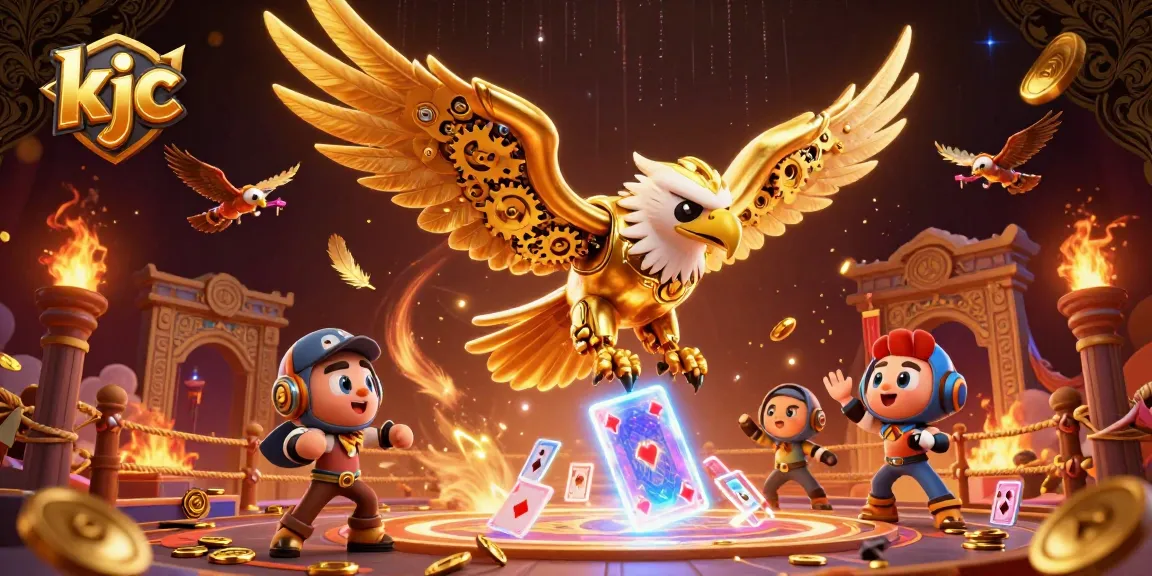 Experience thrilling gameplay with kjc's dynamic eagle amidst holographic playing cards.