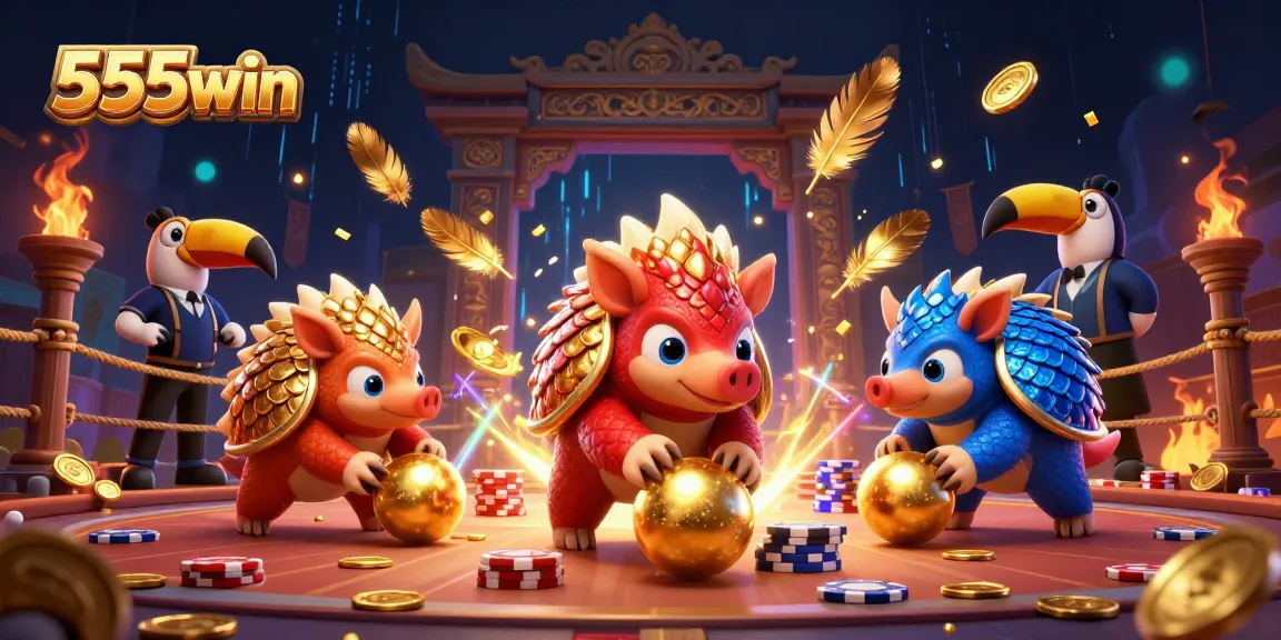 Engage in thrilling 555win action with rival pangolins battling in a colorful casino arena.
