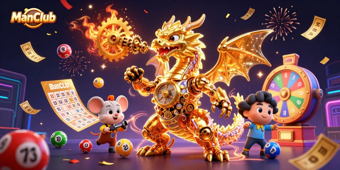 Engage in thrilling gaming at ManClub with a vibrant dragon and dynamic casino elements.