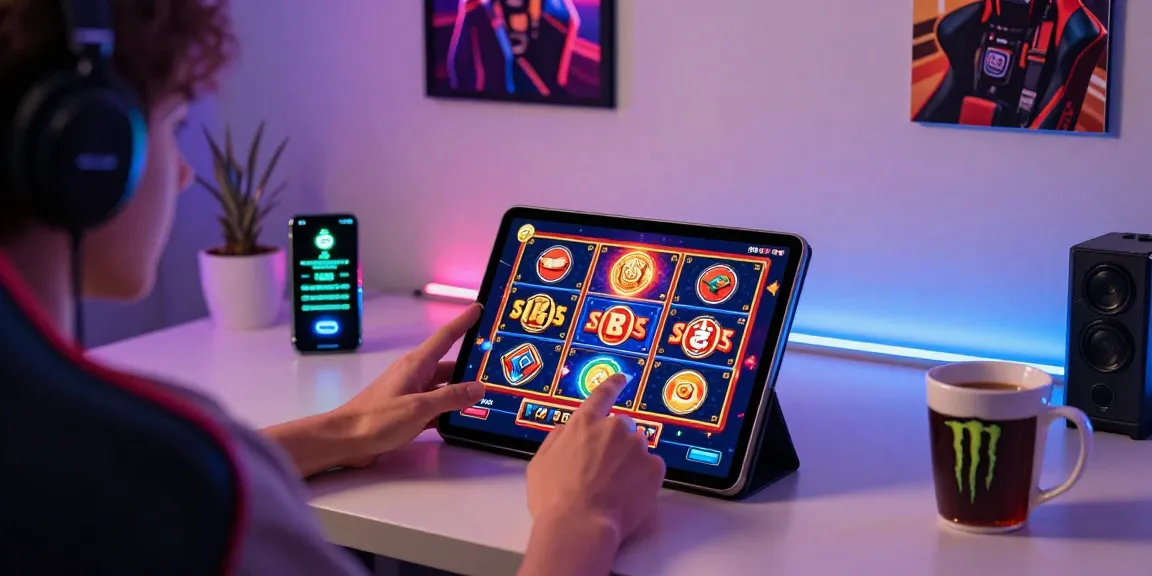 slot7000 gaming experience featuring a person engaged with digital slot game on tablet in a vibrant home office