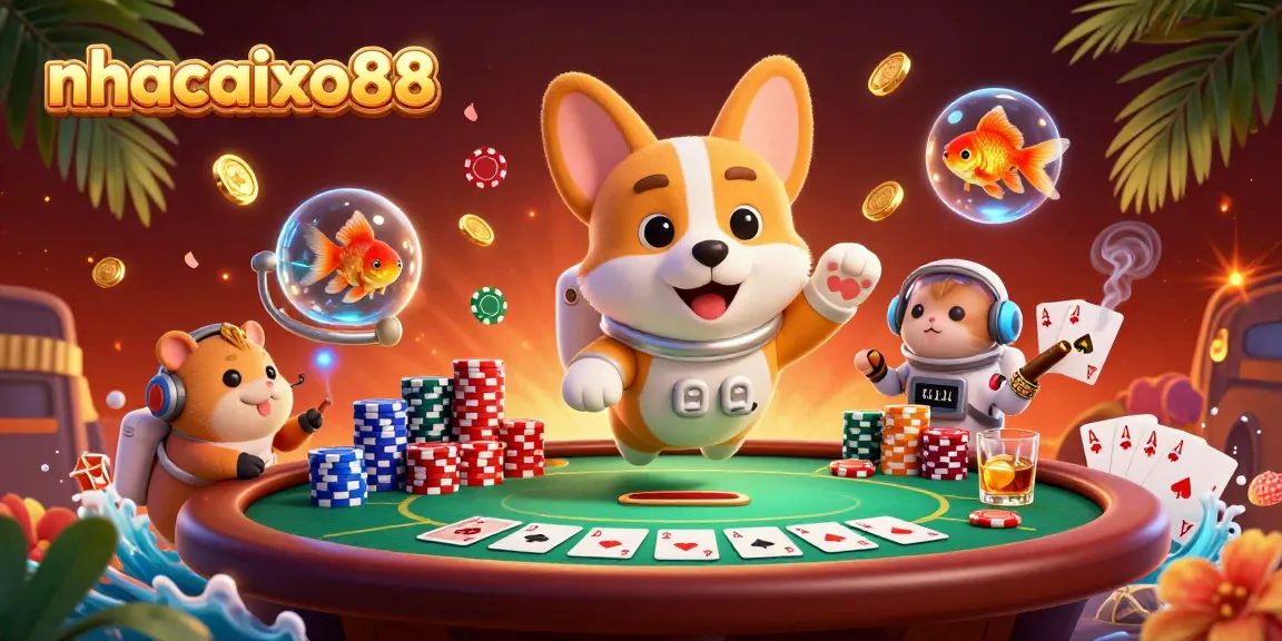Experience the thrill of nhacaixo88 as a cartoon astronaut corgi plays poker in a floating casino.