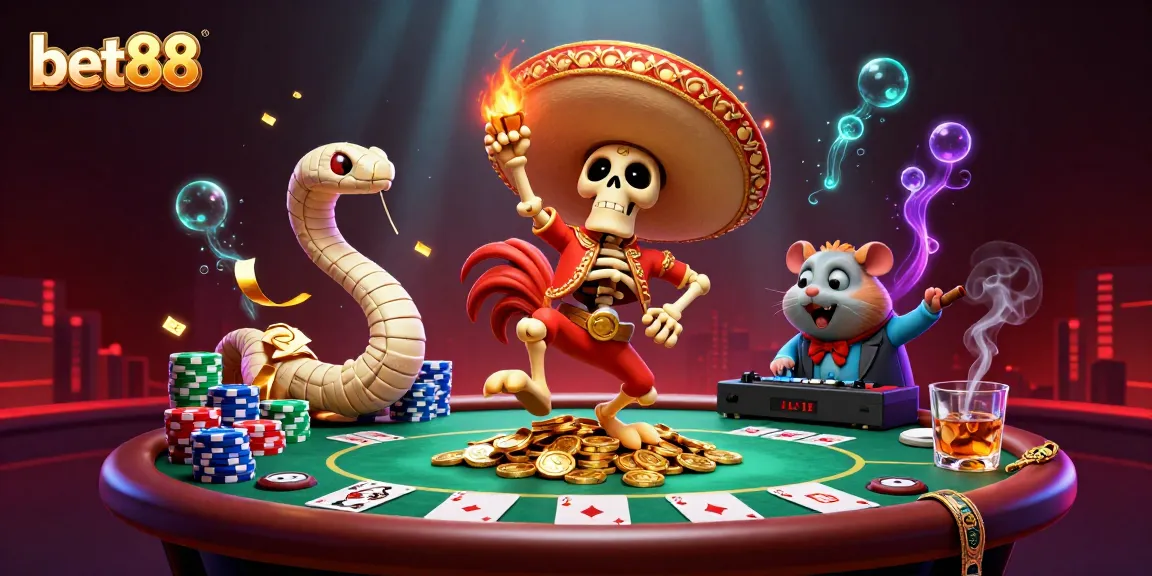 Engage with bet88's vibrant online gaming scene featuring dynamic characters and casino elements.