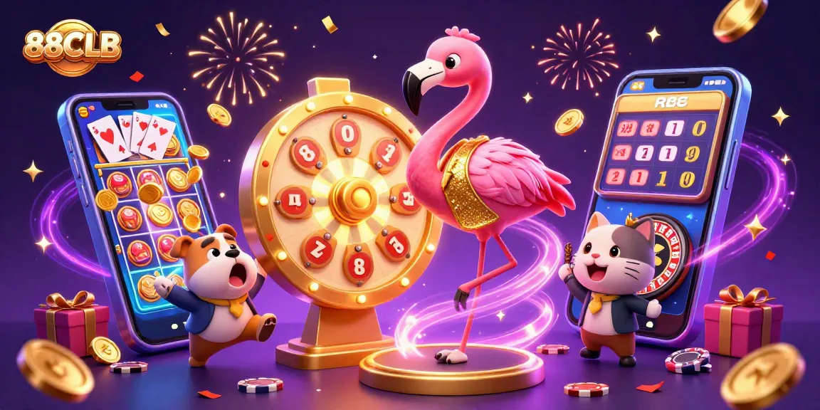Experience the excitement of 88CLB as the game show host spins the prize wheel amidst a colorful casino scene.