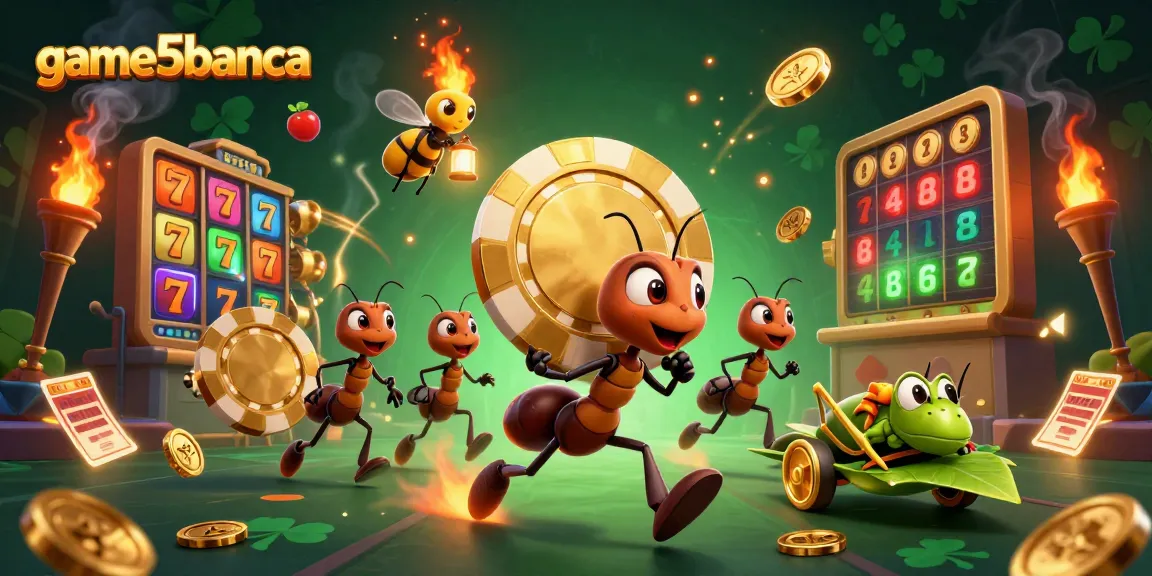Engage with game5banca by experiencing a dynamic heist scene featuring ants, poker chip, and casino elements.