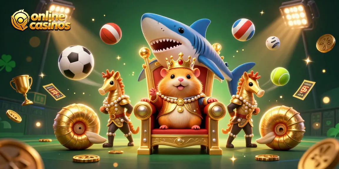 Experience the excitement of online casinos with a vibrant, action-packed 3D scene featuring a golden hamster king and sports elements.