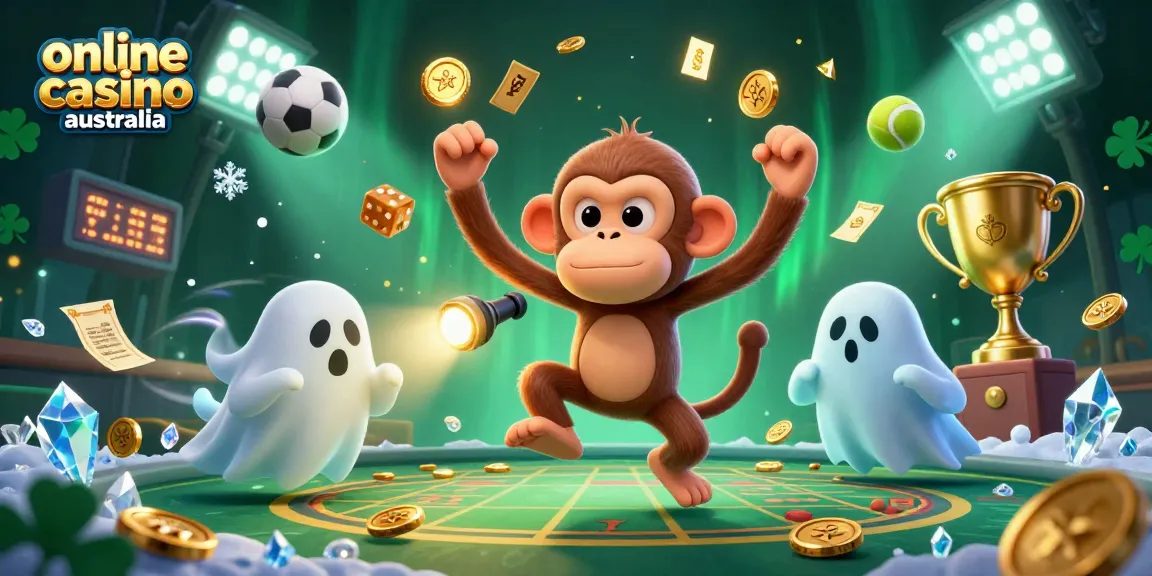 Engage in the thrilling action at online casino australia with dynamic gaming scene featuring a playful ghost and sports elements.