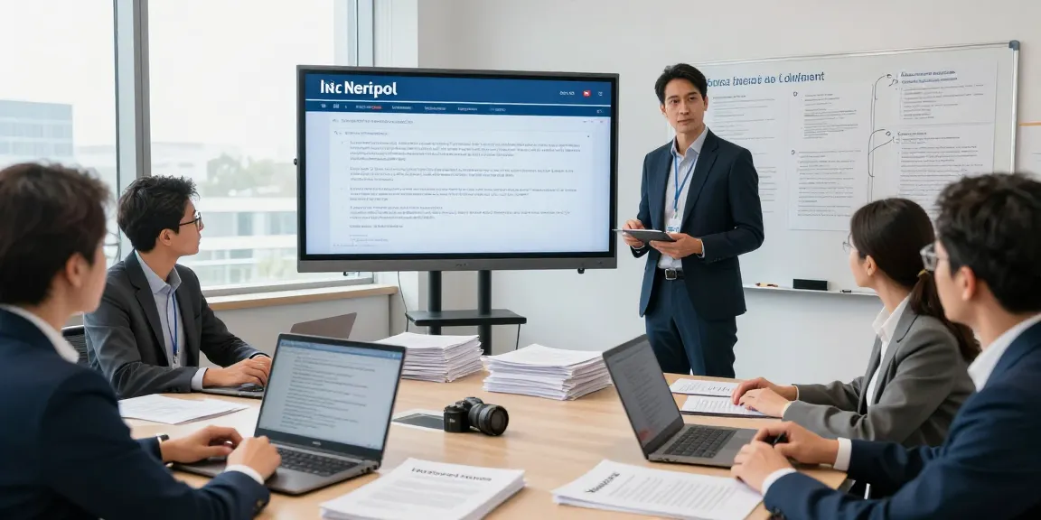 Engaged Valken Legal — Interpol Red Notice lawyers analyzing crucial Interpol data in a modern office.