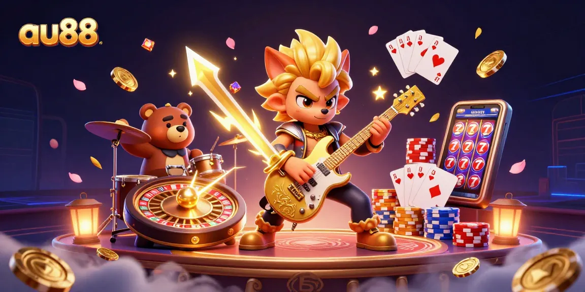 Engage in thrilling gameplay at au88 with electrifying entertainment featuring a rock star wolf and vibrant casino elements.