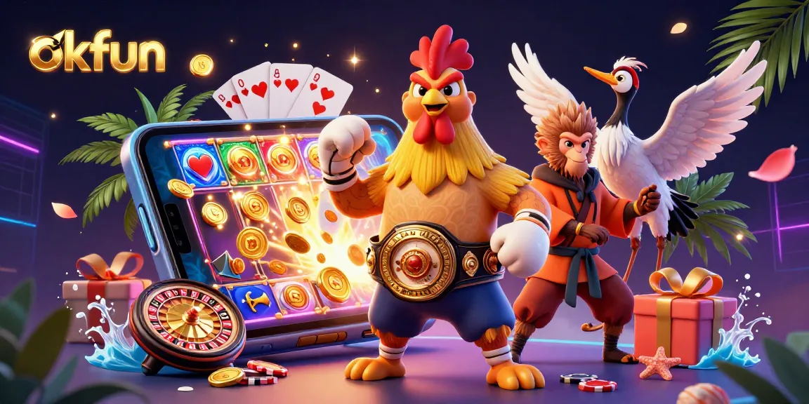 Experience thrilling action at okfun with a vibrant 3D casino illustration showcasing characters in an engaging gaming scene.
