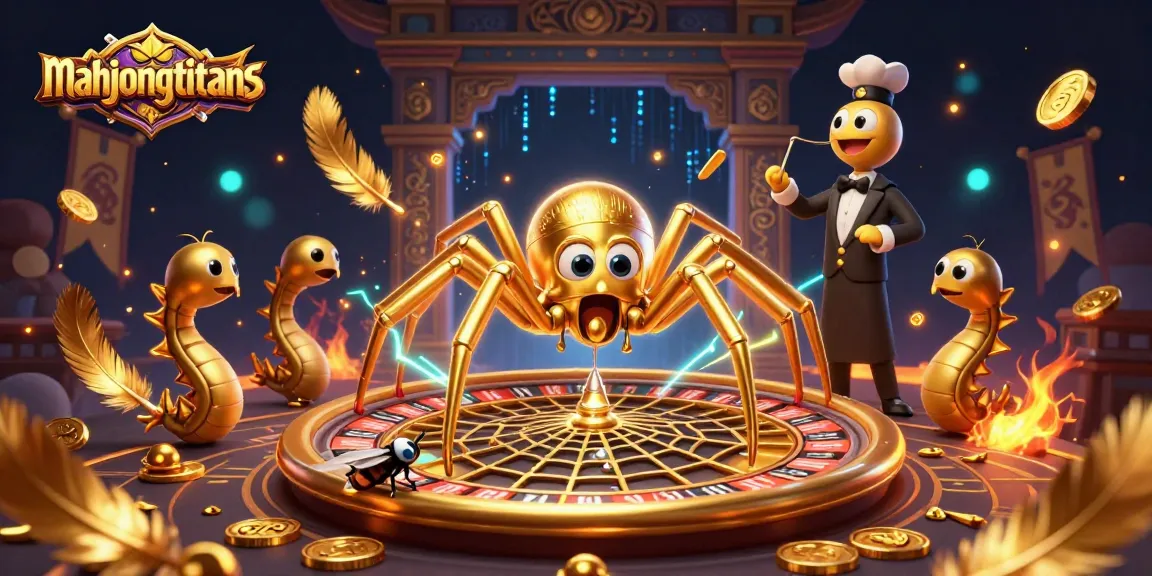 Engage in mahjongtitans gameplay with a cartoon spider and croupier at a roulette-inspired web.